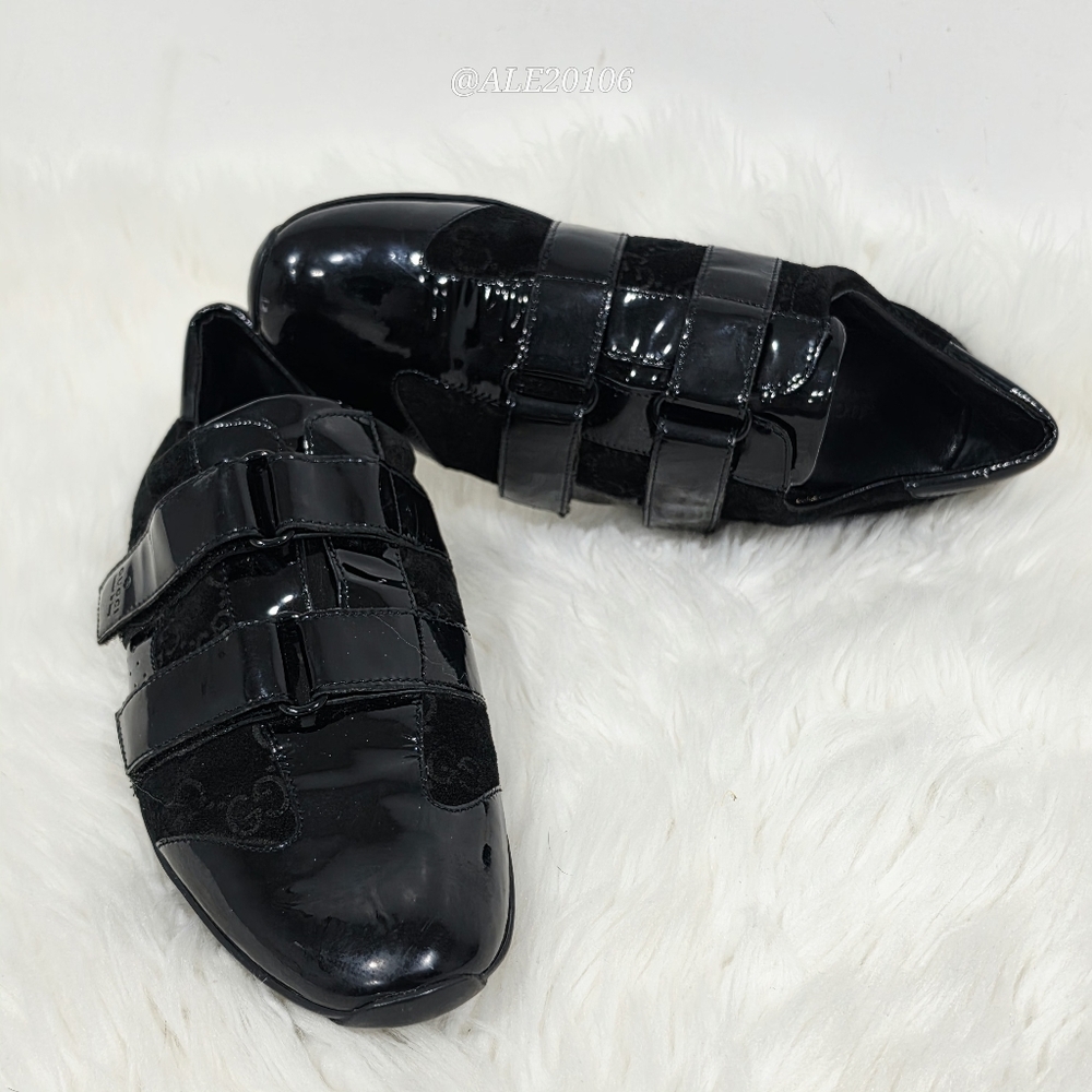 Gucci women black patent leather velcro sneakers size 39 monogram suede - Picture 14 of 14